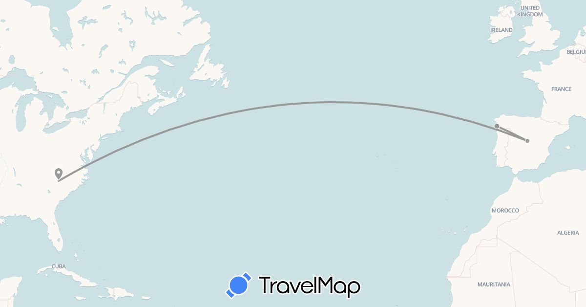 TravelMap itinerary: driving, plane in Spain, United States (Europe, North America)